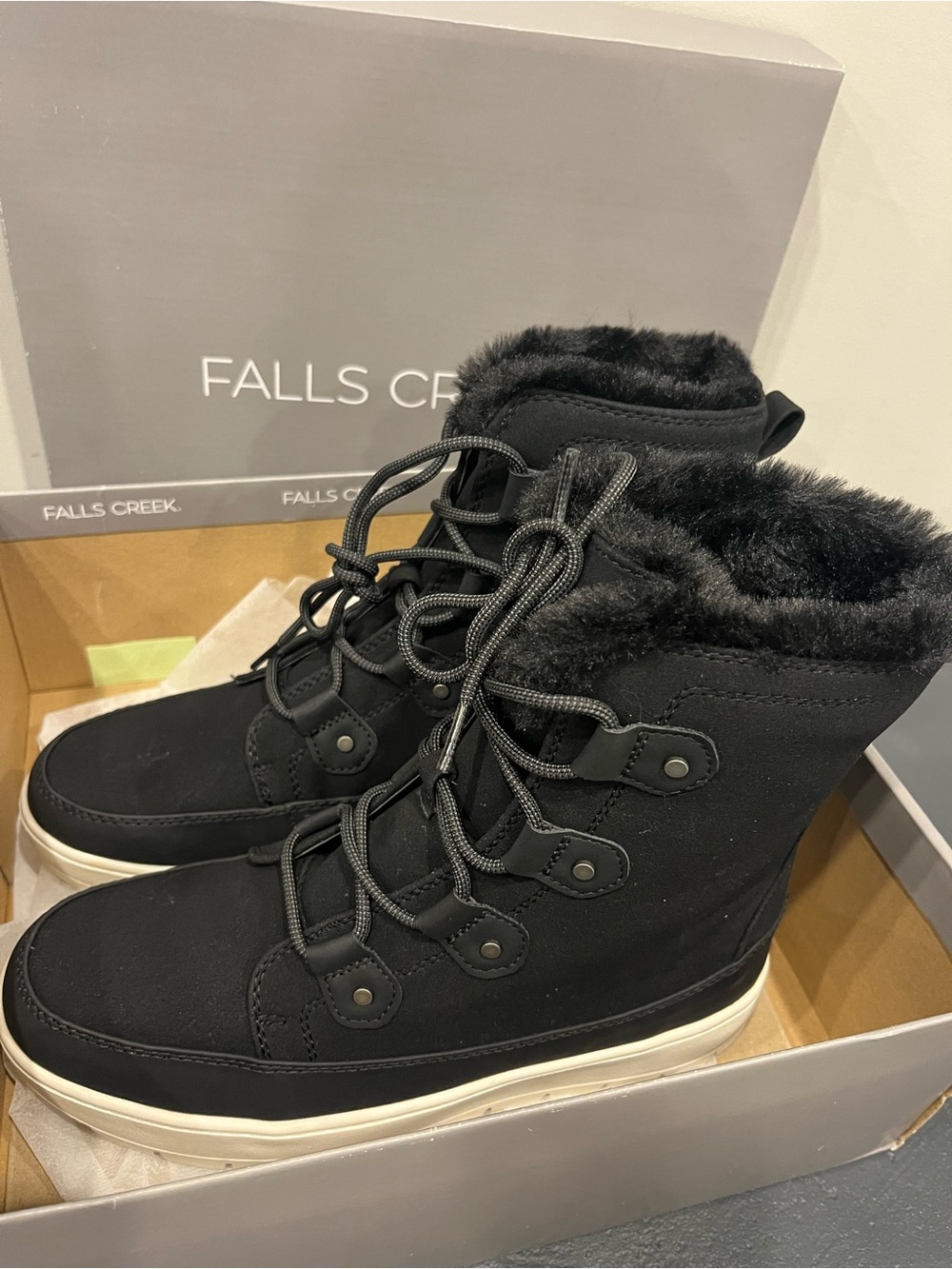 Falls Creek Amelia Women's Winter Boots Size 9 M Black Faux Fur Lined NIB $70